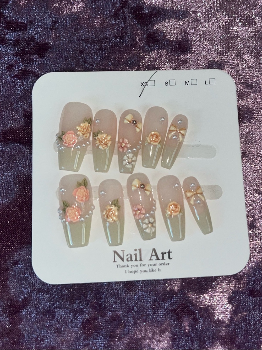 Floral 3D Press-On Nails in Olive Green and Soft Pink